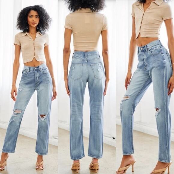 KanCan Jinx Ultra High Rise 90's Boyfriend Distressed Jeans Light Wash Size 9/28 - Picture 1 of 16